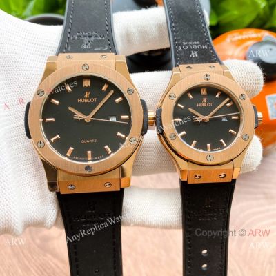 Copy Hublot Classic Fusion Quartz Watch Rose Gold Black Gummy Strap